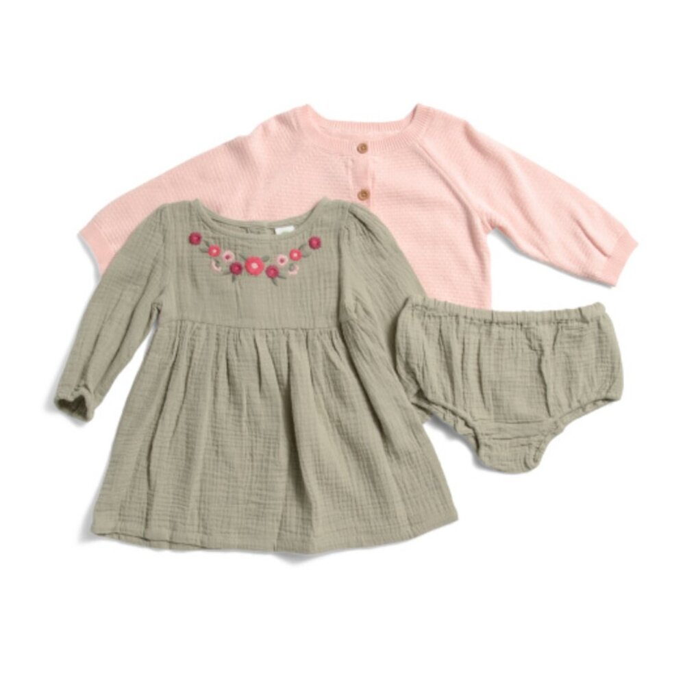 NWT LITTLE ME Infant Girls 2pc Embroidered Gauze Dress and Sweater Set
